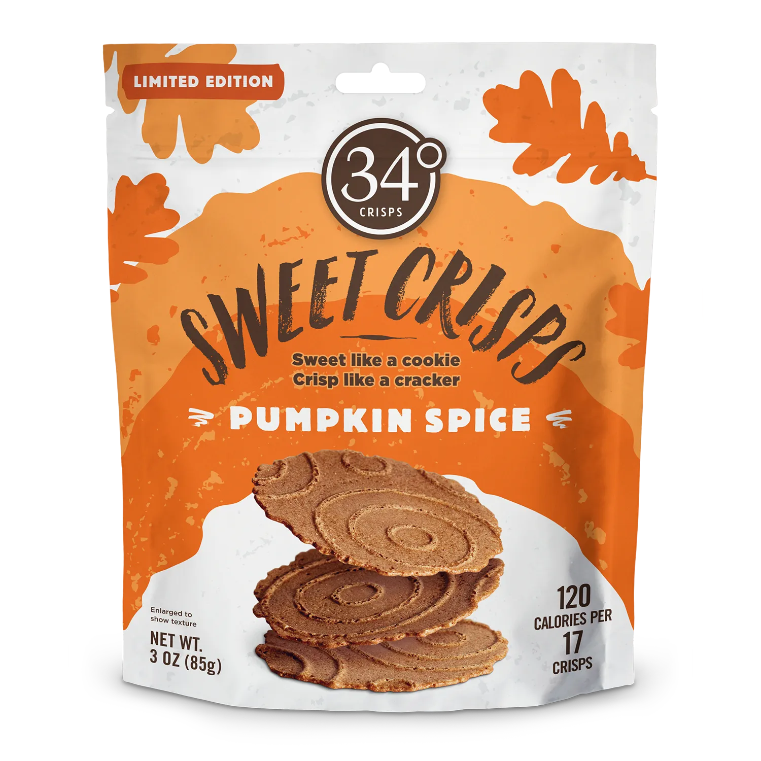 34 Degrees Pumpkin Spice Sweet Crisps packaging front panel