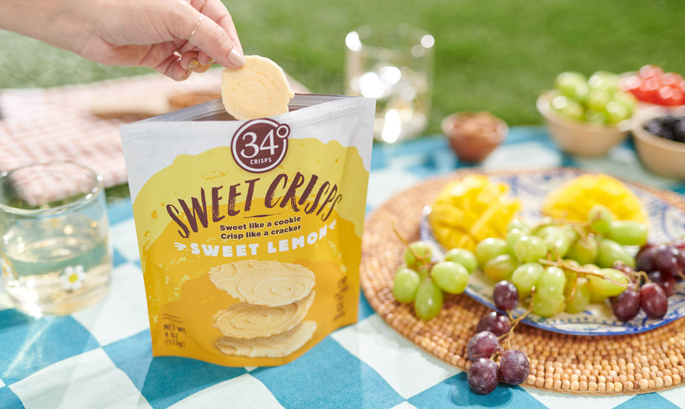 Picnic with fruits and 34 Degrees Sweet Crisps